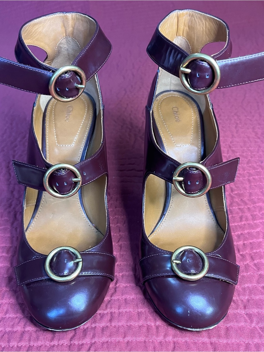 Chloé Icon Multi-Buckle Mary Jane Triple Strap Pumps Heel Burgundy 8.5 - Picture 4 of 11